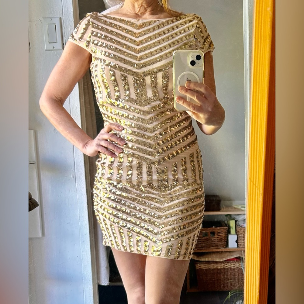 Gold sequin dress with low back NWT